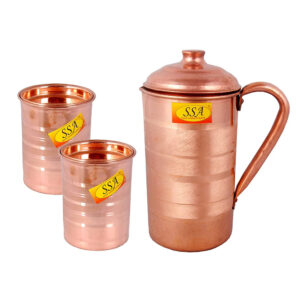 Pure Copper Jug/Pitcher with Glasses - Drinkware Set Silver Touch Design 1.1 Ltr Jug With 2 Glasses