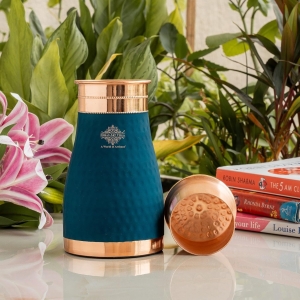 Copper Hammered Blue Silk Finish Bedroom Bottle with Inbuilt Glass, 950 ML